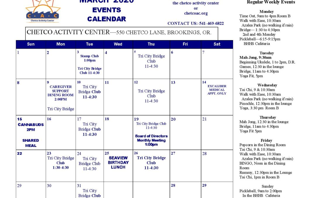 March 2020 Events Calendar