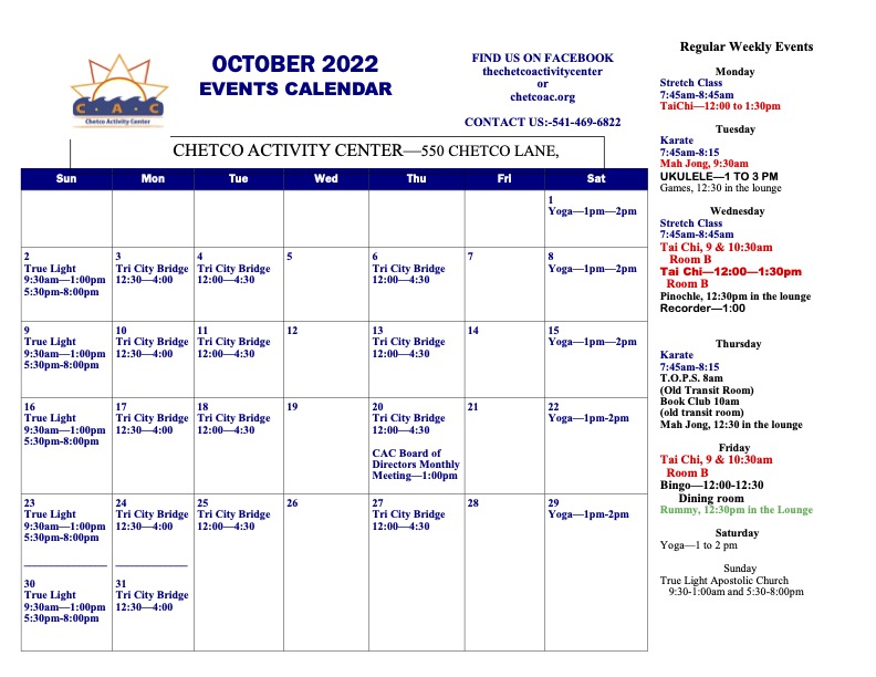 October 2022 Calendar of Events