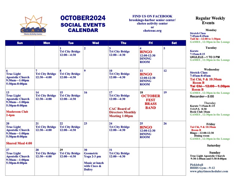 October Calendar of Events