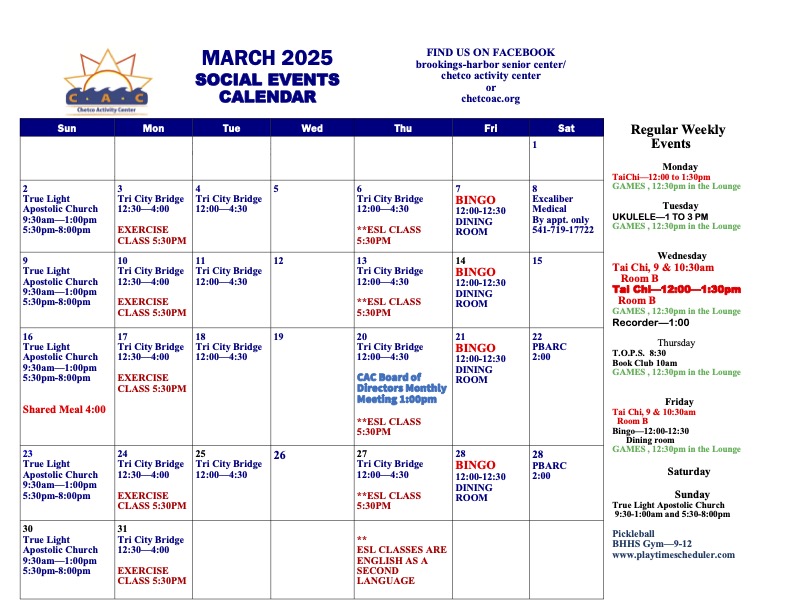 March Calendar of Events