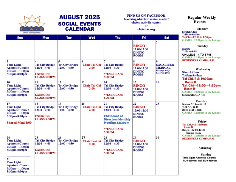 August Calendar of Events