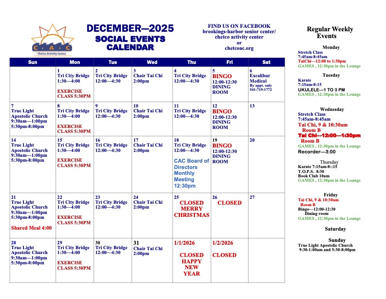 December Calendar of Events