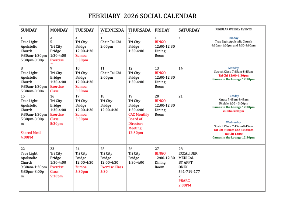 February Calendar of Events 2026